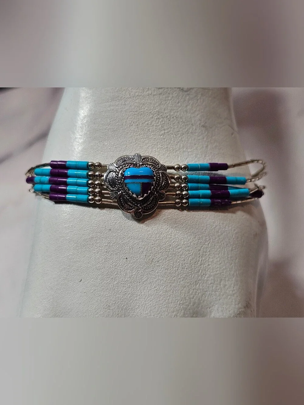Sterling Liquid Silver Heart Concho Bracelet with Inlaid Stone